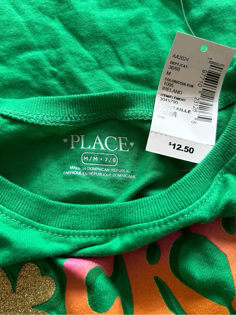 Place Green Short Sleeve Tee with Rainbow Letters and Gold Shamrocks